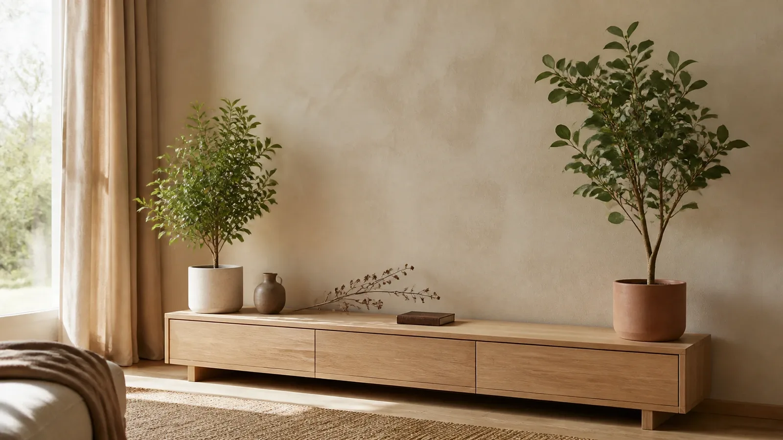 Console claire avec deux plantes artificielles feuillues, cache-pots neutres et accessoires décoratifs sobres interchangeables.