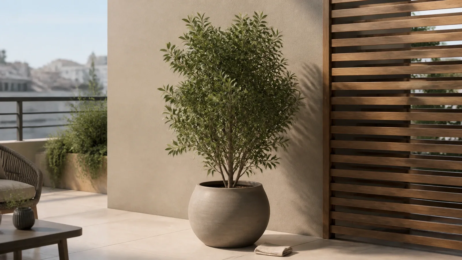 Grande plante artificielle au feuillage mat dans un cache-pot lourd sur un balcon contemporain, près d’un claustra.