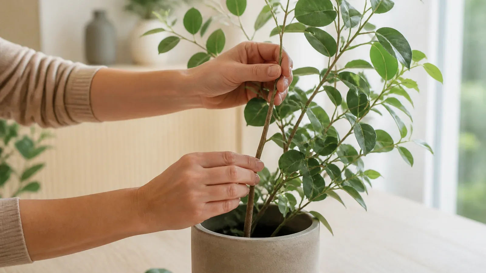 Mains redressant doucement la tige d’une plante artificielle dans un cache-pot stable