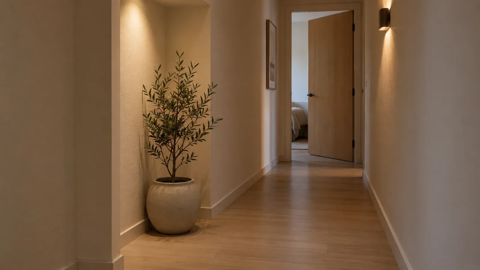 Plante artificielle élancée dans une niche de couloir peu lumineux, avec passage et ouverture de porte dégagés