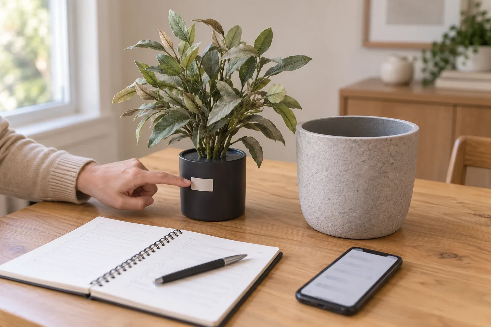 Une main observe l’étiquette d’une plante artificielle dans son pot technique fermé, à côté du cache-pot vide, d’un carnet et d’un téléphone pour préparer l’inventaire avant le tri.
